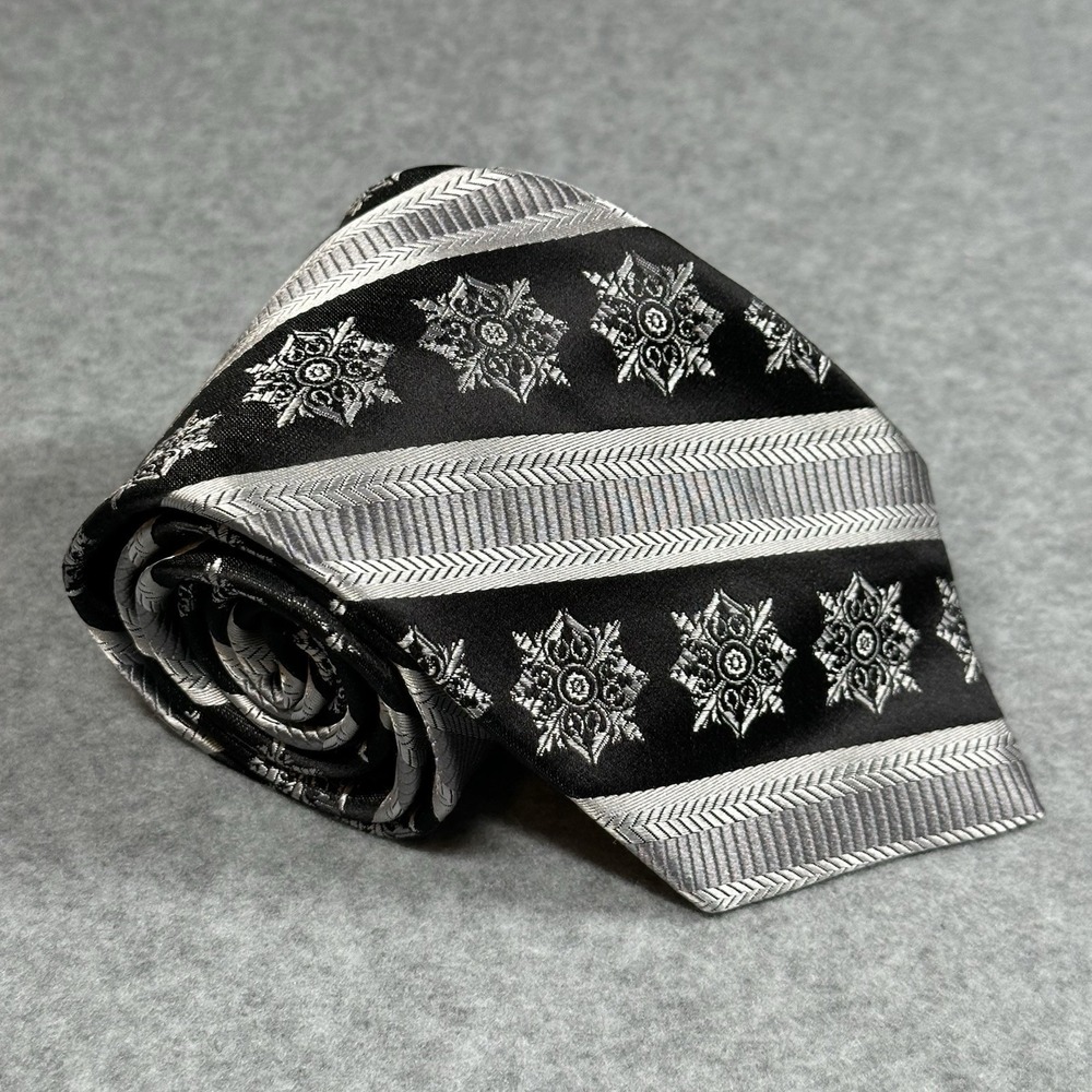 Paul Fredrick Medallion Stripe Silk Tie Black Silver Snowflake Made Italy 58x3.3